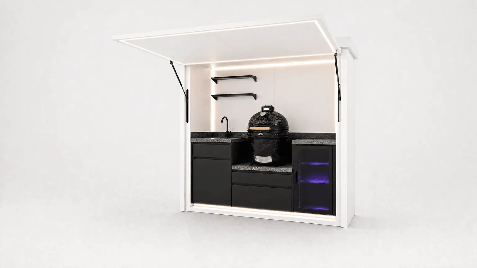 Buitenkeuken kopen: de Mini Pod opengeklapt, met kamado, wasbak en koelkast met glazen deur