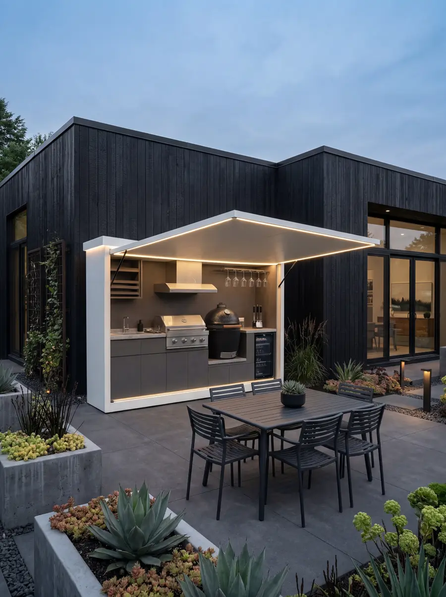 Ultra Pod opengeklapt in een tuin, met barbecue, kamado, afzuigkap en koelkast